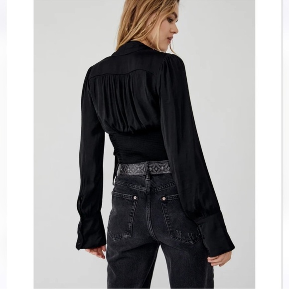 NWT Free People Meet Me There Tie Neck Button Front Blouse Top in Black size S - Picture 13 of 16